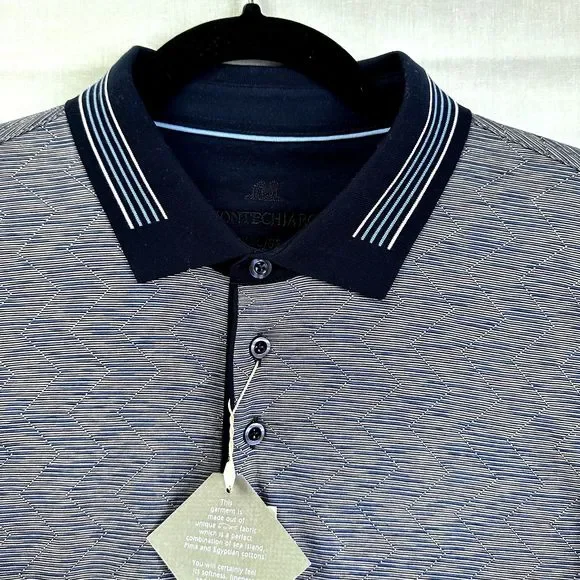 MONTECHIARO Men's Polo Shirt Navy White Zig Zag Print Cotton SZ 56/2XL ITALY - Picture 4 of 16